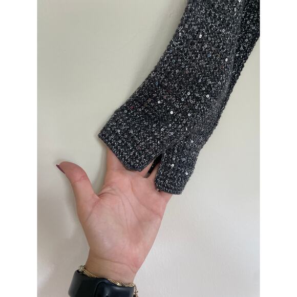 ELIE TAHARI gray silver lurex knit blue leather collar sweater Visna jacket - Picture 10 of 11